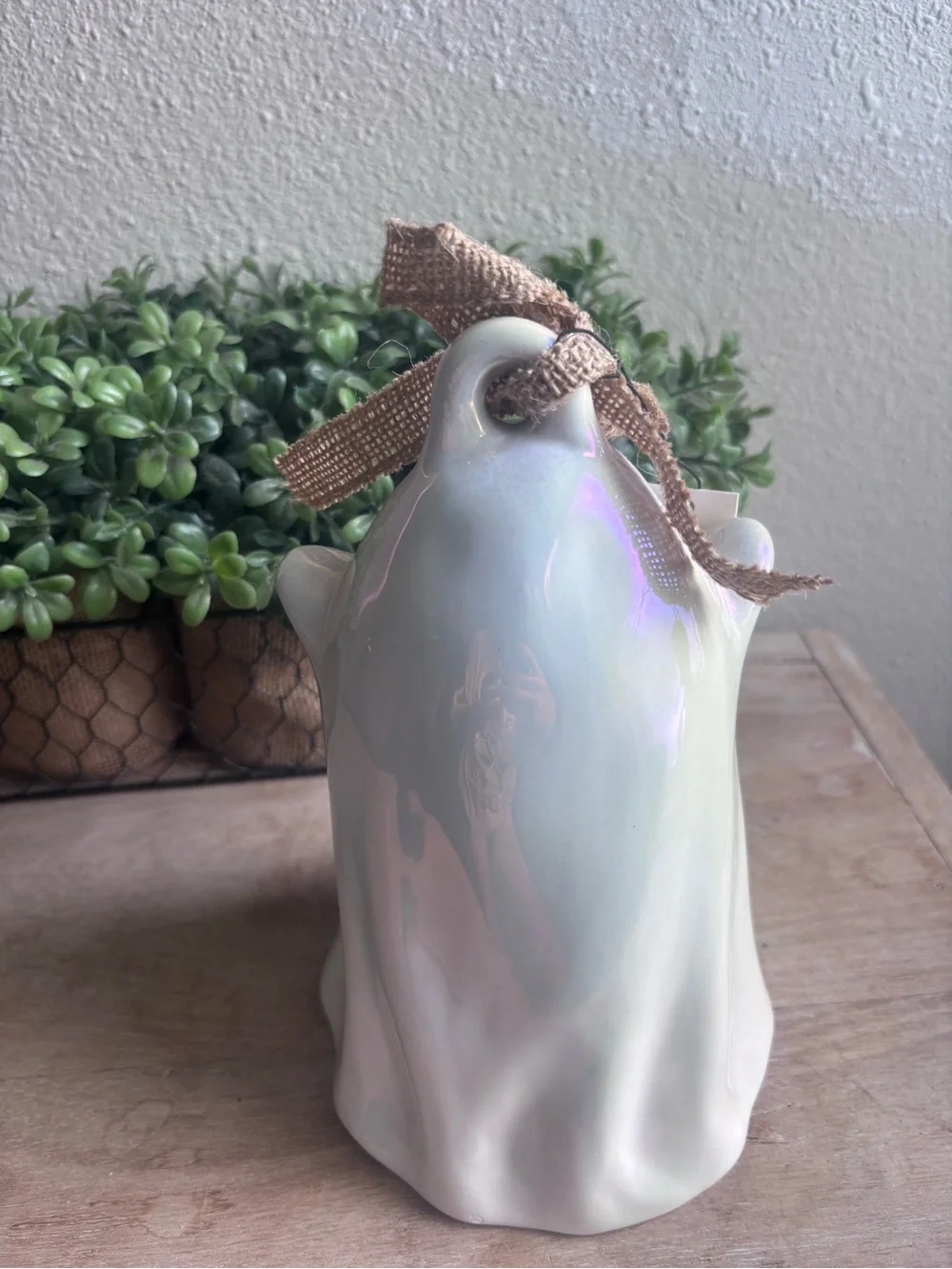 Rae Dunn Iridescent Cream Ghost Vase with Burlap Bow